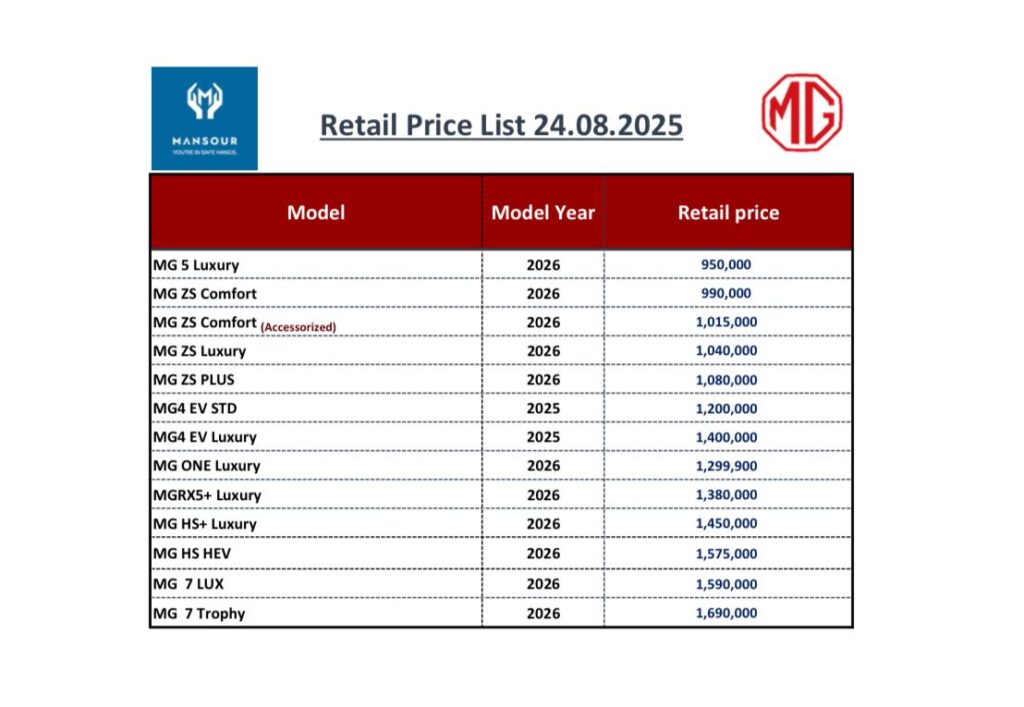 أسعار سيارات إم جي بتاريخ 24 أغسطس 2025