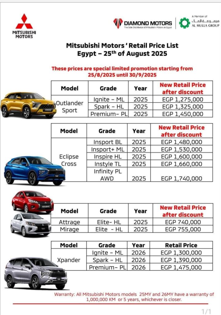 أسعار سيارات ميتسوبيشي بتاريخ 25 أغسطس 2025