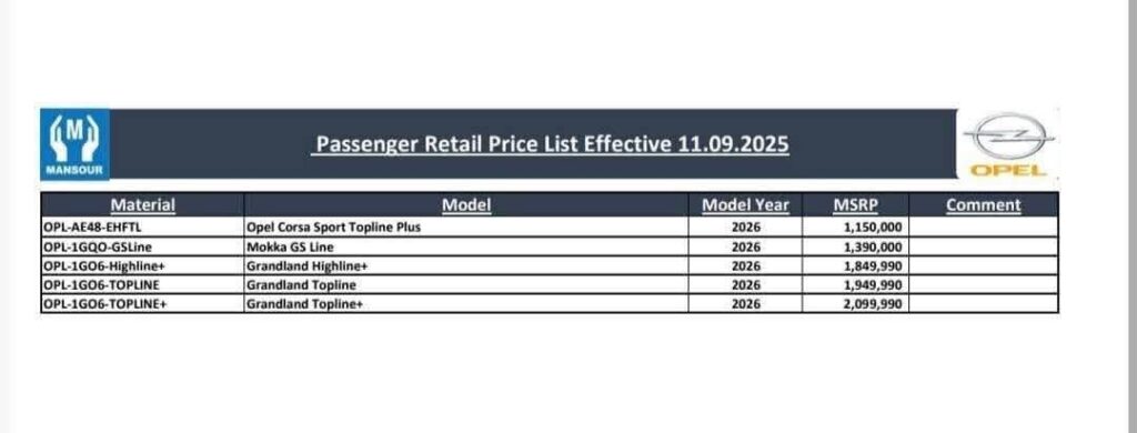 أسعار سيارات أوبل 2026 بتاريخ 11 سبتمبر 2025