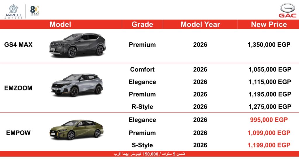 أسعار سيارات GAC موديل 2026 بتاريخ 8 ديسمبر 2025