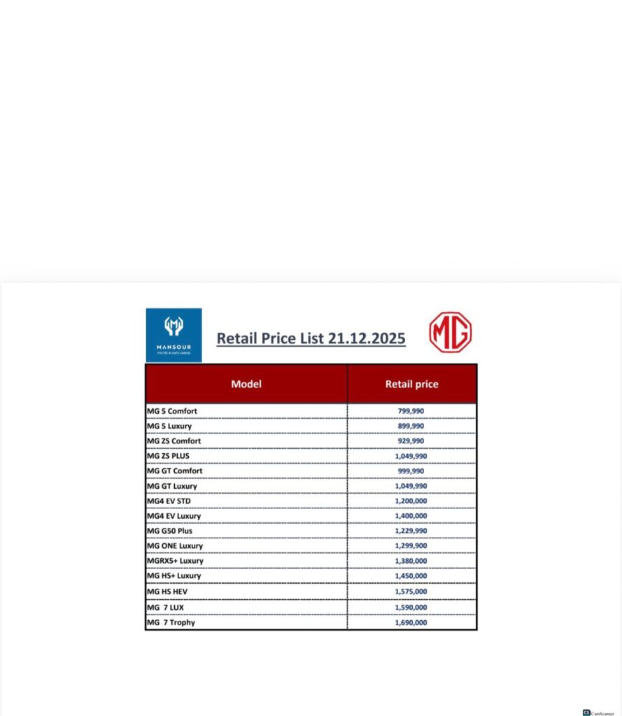 أسعار سيارات إم جي بتاريخ 21 ديسمبر 2025