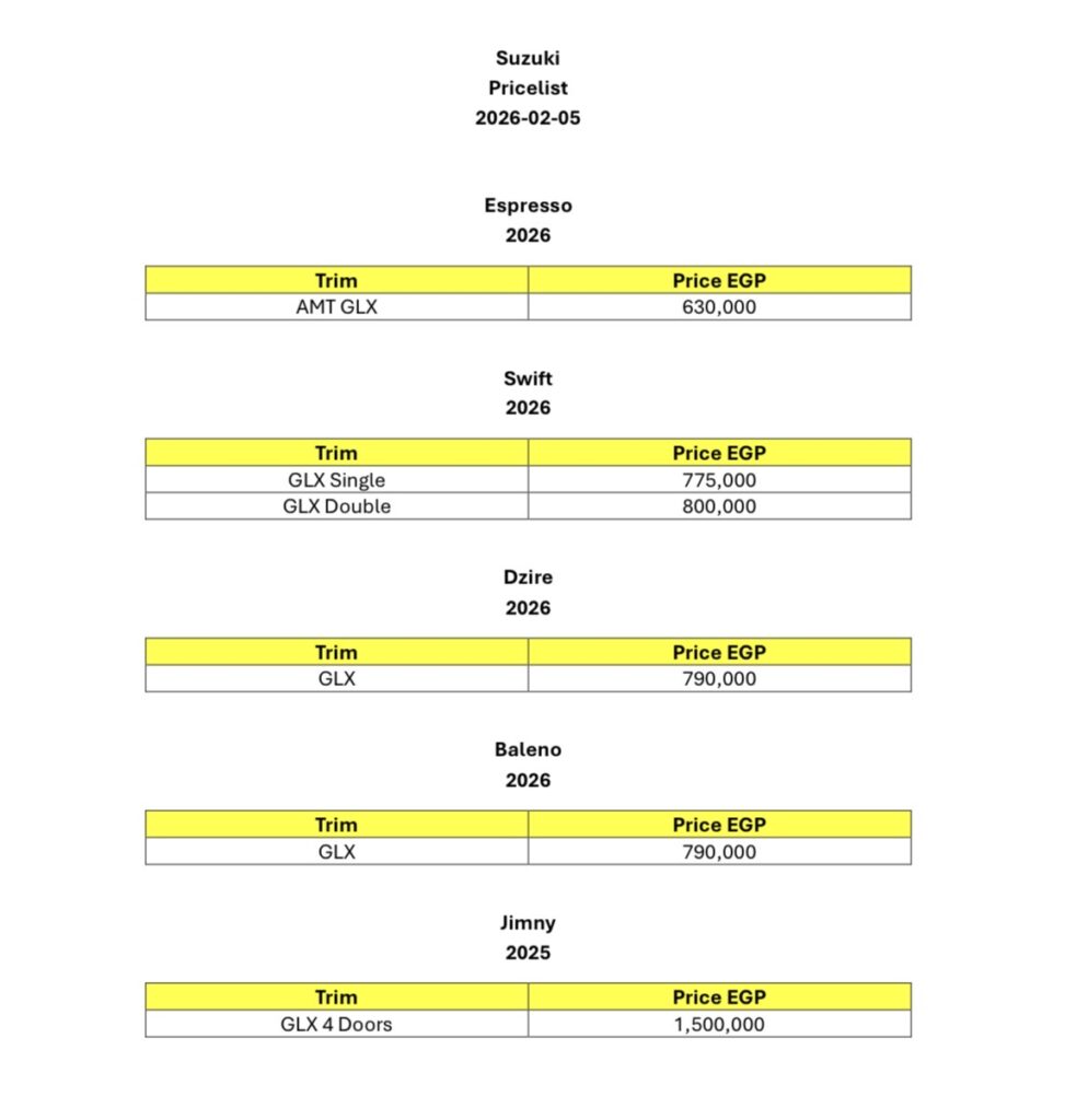 قائمة أسعار سيارات سوزوكي بتاريخ 5 فبرير 2026