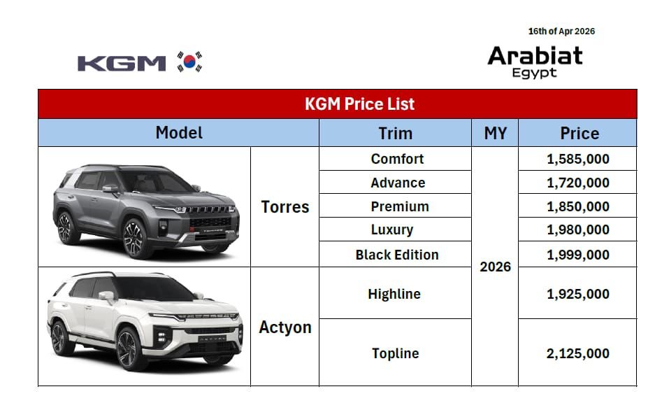 أسعار سيارات KGM موديل 2026 بتاريخ 16 أبريل 2026