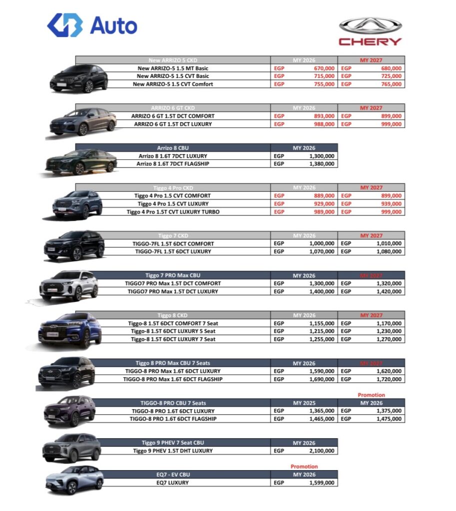 أسعار سيارات شيري بتاريخ 18 أغسطس 2026